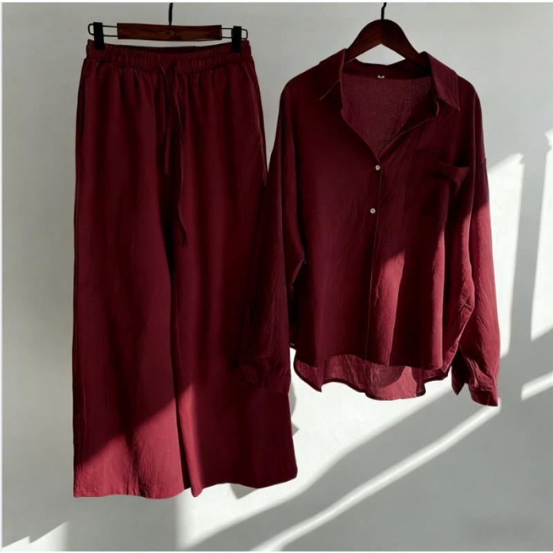 Spring Fashion Plus Size Women's Two-Piece Set: Cotton Linen Shirt & High-Waisted Loose Trousers