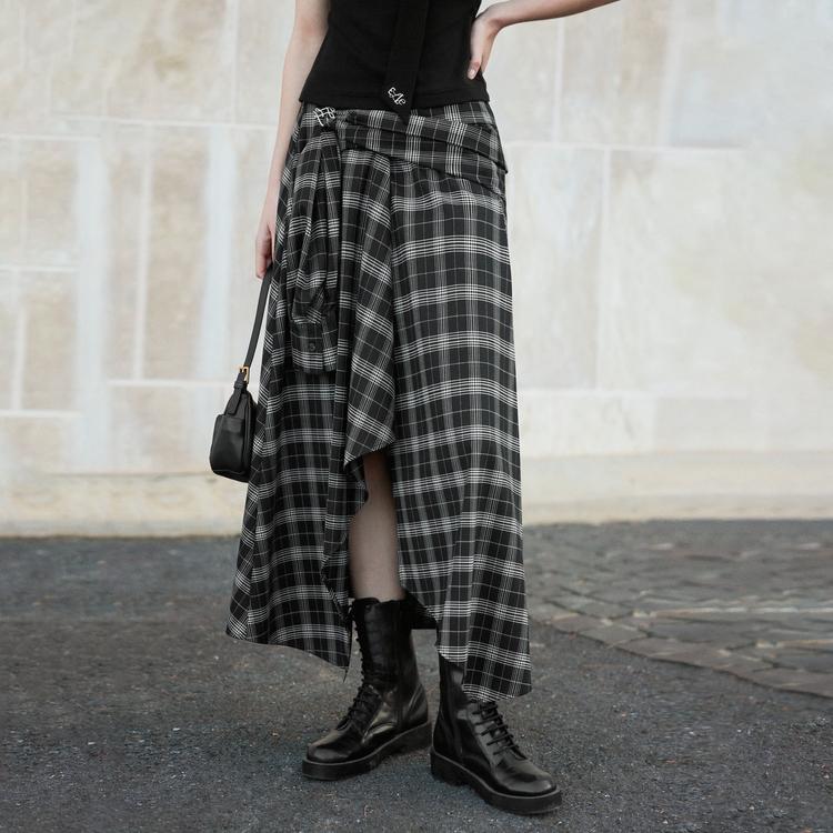 ELLE French Irregular Fashion Design Loose Versatile Slimming Plaid Midi Skirt A-Line Casual Long Skirt Women skirts ER50964