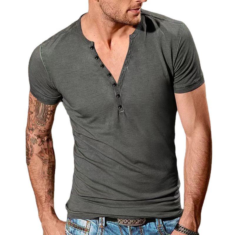 Men's Slim Fit Casual Henley Round Neck Short Sleeve T-shirt