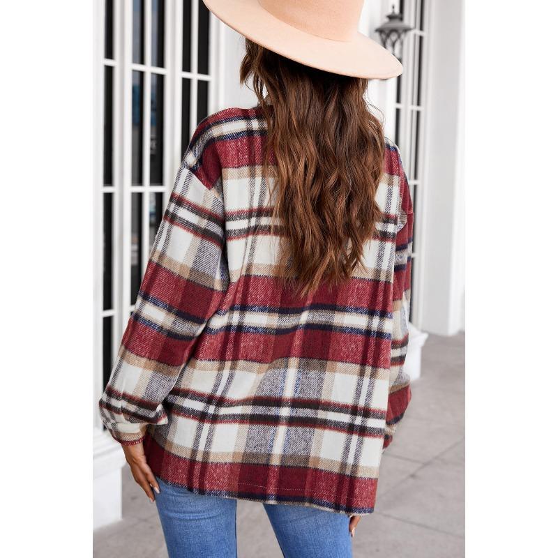 Women Vintage Plaid Long Sleeve Shirt Loose Color Collision Lapel Tops Jacket