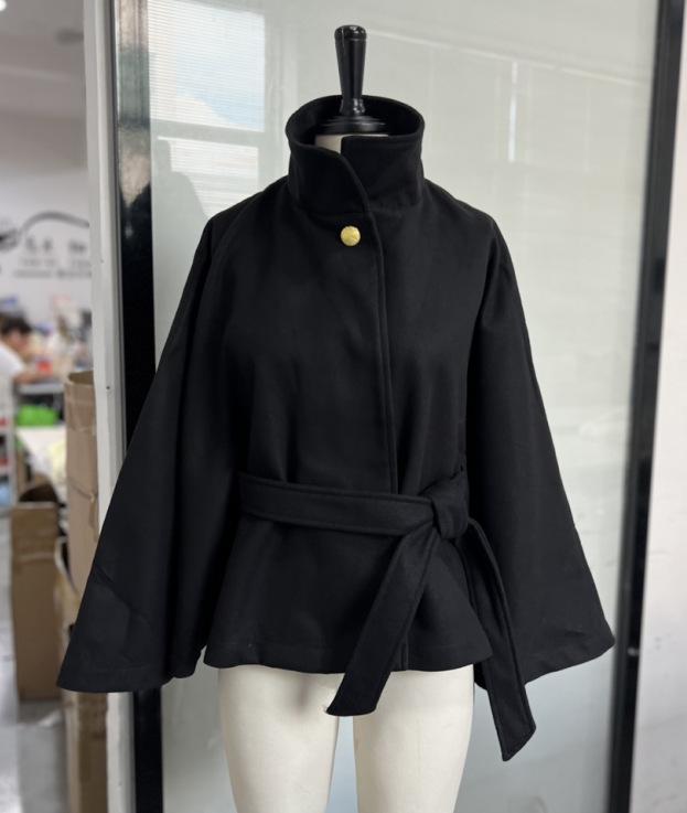 2025 Fall Women's Elegant Stand-up Collar Bell Sleeve Waist-Tie Short Wool Coat
