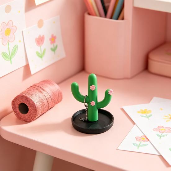 3D Printed Cactus Jewelry Holder, Desktop Jewelry Organizer, Jewelry Display Rack with Cute Pink Flower Design for Rings Earrings Bracelets Necklace,
