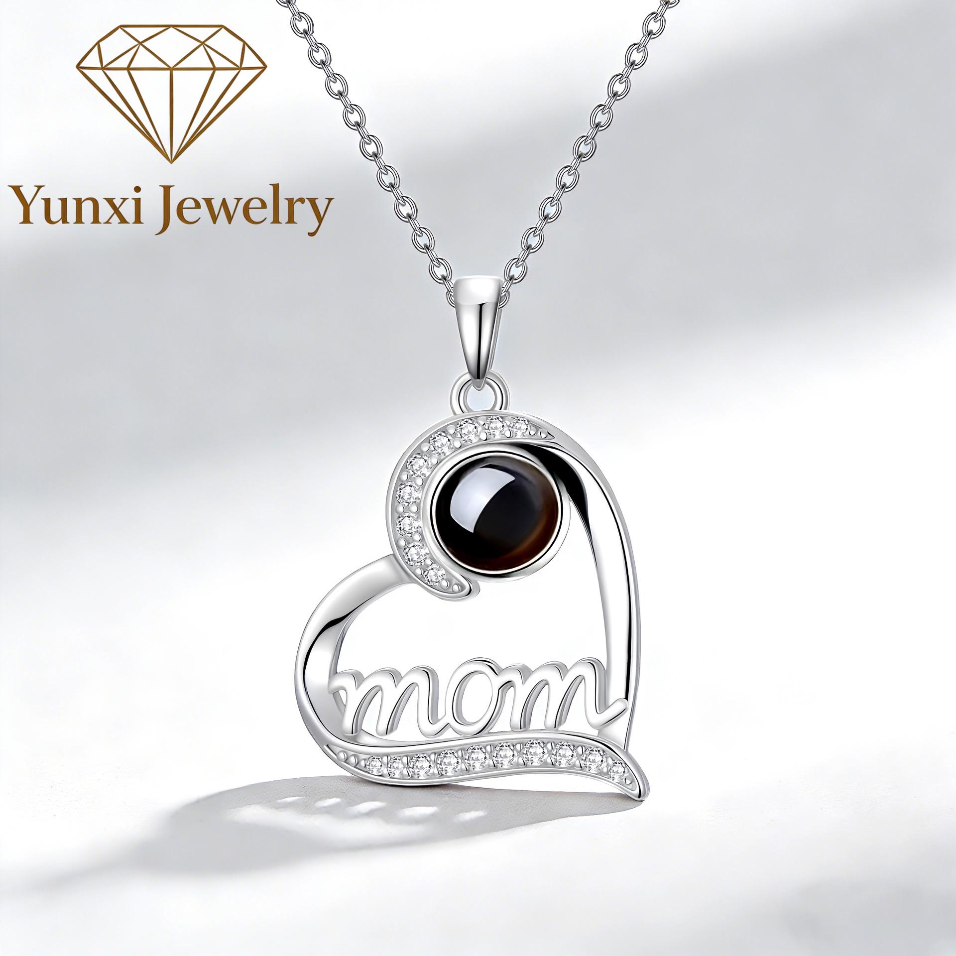 100 Languages Projection Stone Necklace with Rhinestones - Mother s Day MOM Pendant