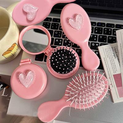 Sevimli Pembe Aşk Katlanır Masaj Tarağı Kafa Masajı Hava Yastıklı Tarak Antistatik Taşınabilir Seyahat Kız Saç Tarakları Aynalı