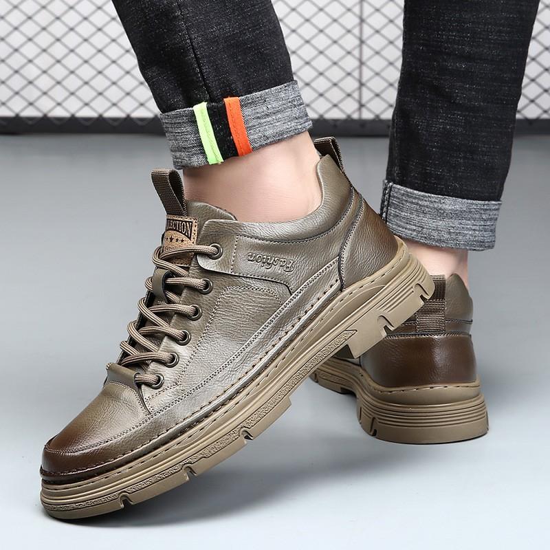 Mens Casual Leather Shoes 2026 Trendy British Style Round Toe Low Cut Soft Sole