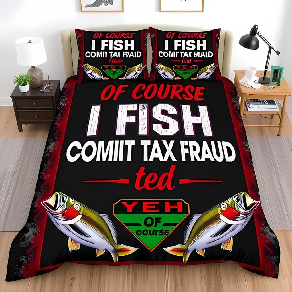 Fishing Queen Duvet Cover Set Vibrant Blue With Cartoon Fish Water Splatter Design Perfect For Fishing Lovers Warm And Soft