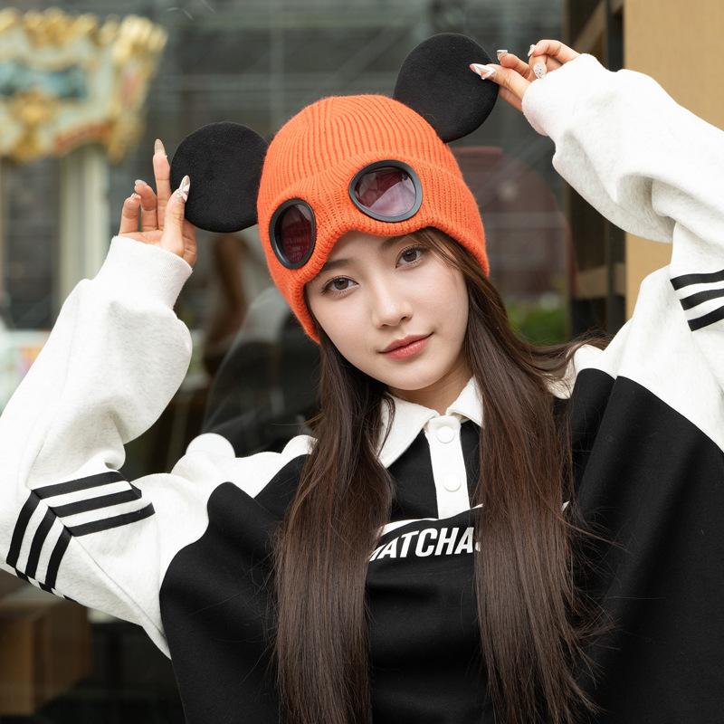 Glasses Wool Hat Women'S Autumn And Winter Cold And Warm Knitted Hat Cute Big Ears Personalized Fashion Ski Ear Protection
