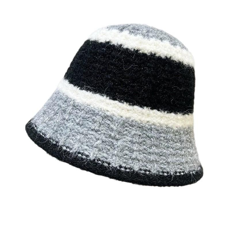 Wide-Striped Knitted Bucket Hat Large Head Circumference Warm Basin Hat Versatile Outdoor Cold-Proof Fisherman Hat