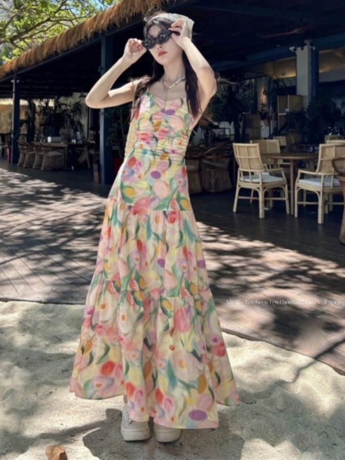 Seaside Chic Floral Spaghetti Strap Maxi Dress