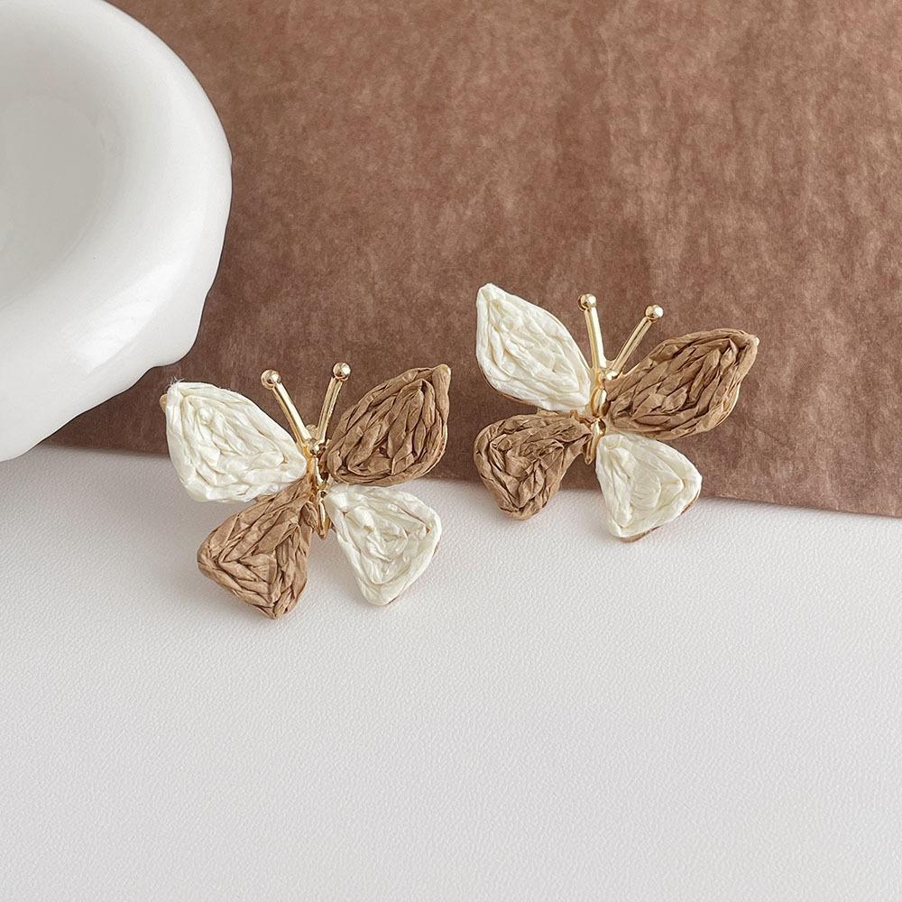 Bohemian Multicolor Raffia Knit Butterfly Wing Dangle Earrings Gold Plated Metal Party Beach Jewelry for Women бронзовый