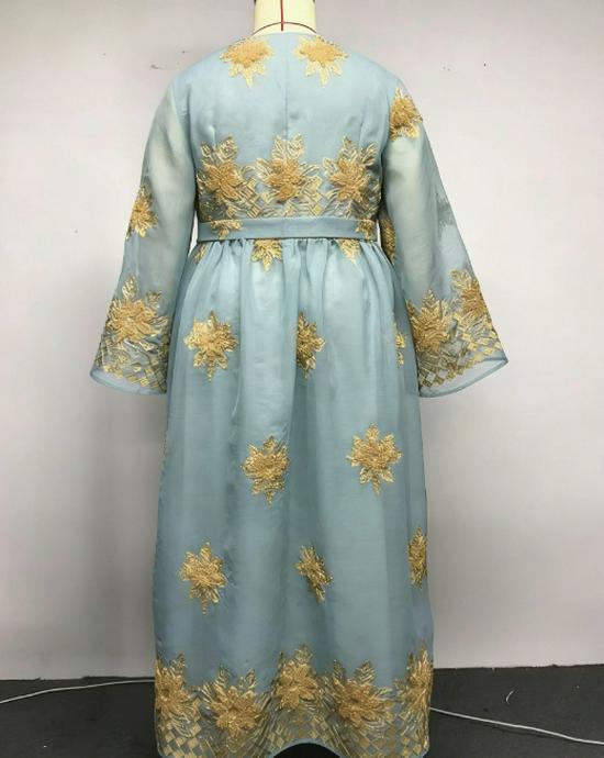 Middle East Plus Size Women's Sky Blue V-Neck Dress with Gold Trim
