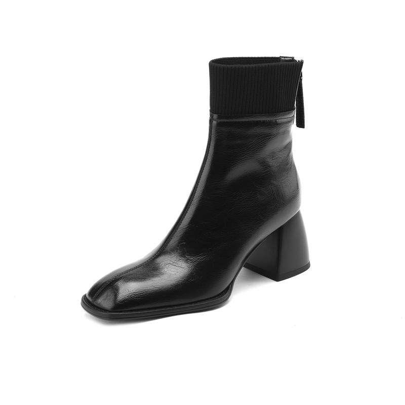 Splicing Genuine Leather Women Ankle Boots Thick High Heels Rear Zipper Decoration Basic Office Lady Shoes Woman Autumn Winter