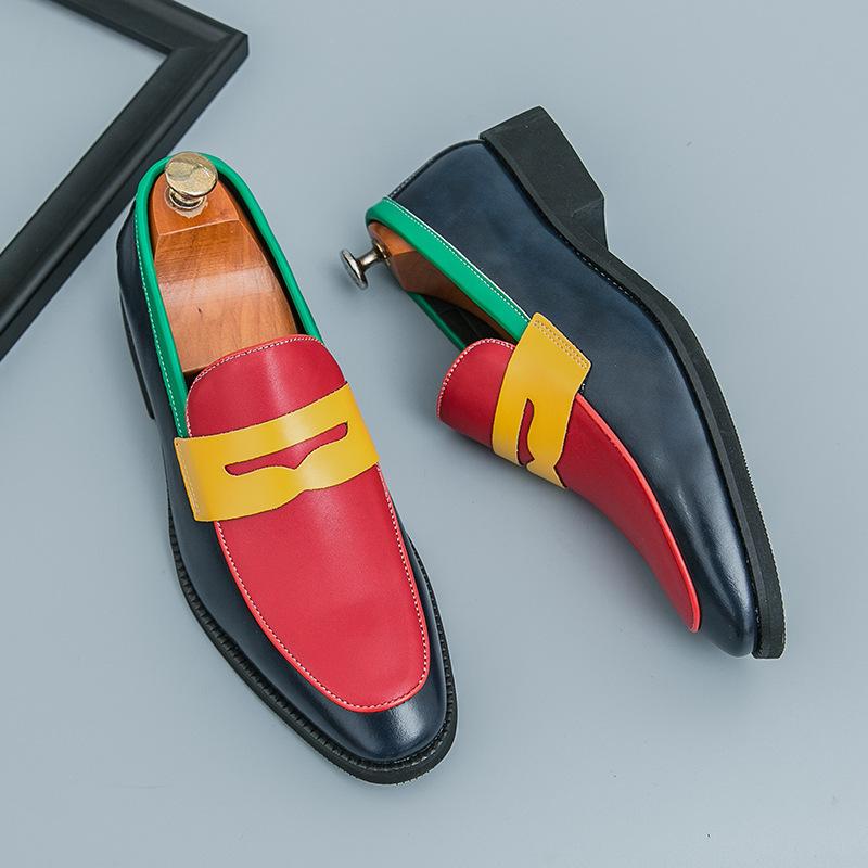 Small leather shoes pointed casual shoes one pedal leather shoes men's foreign trade large size men's fashion color matching loafers men's