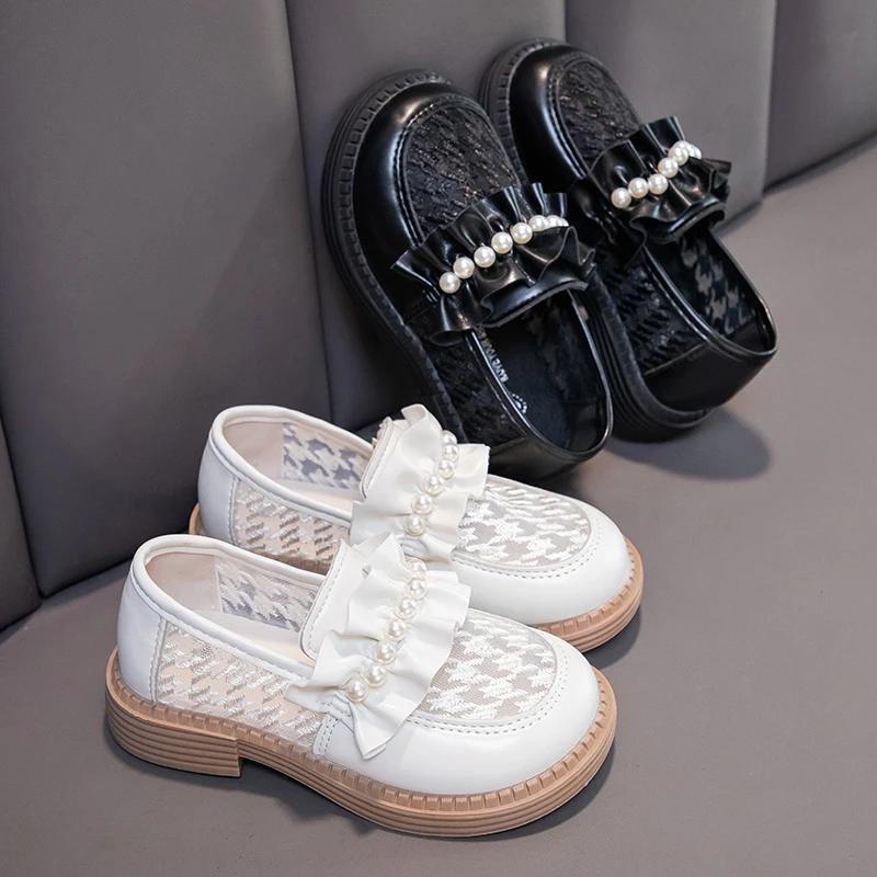 Girls Princess Shoes Mesh Pleated Pearls Fashion Kids Leather Shoes for For Party Wedding Children Loafers Slip-on Simple Cute