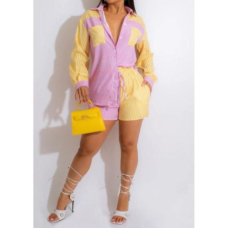

Split Striped Shirt and Shorts Set Patchwork Stripes Shirt and Shorts Suit Women B M(M)