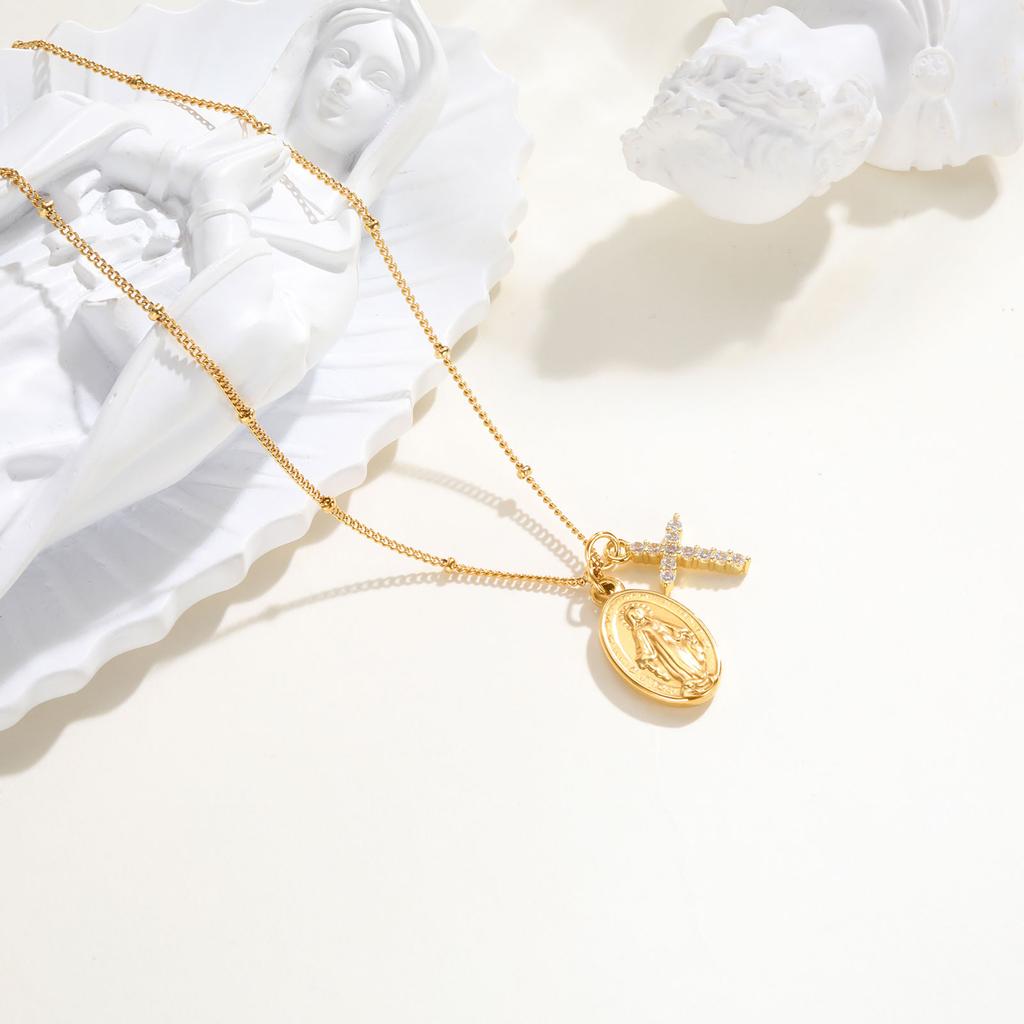 Zircon Cross Virgin Mary Pendant Necklace for Women,Stainless Steel Gold Plated Bead Chain Necklace, Religious Prayer Jewelry