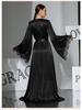 Black & White Satin Morning Robe with Flared Sleeves, Lace Accents, Long Style, Tie Belt, and Train Hem
