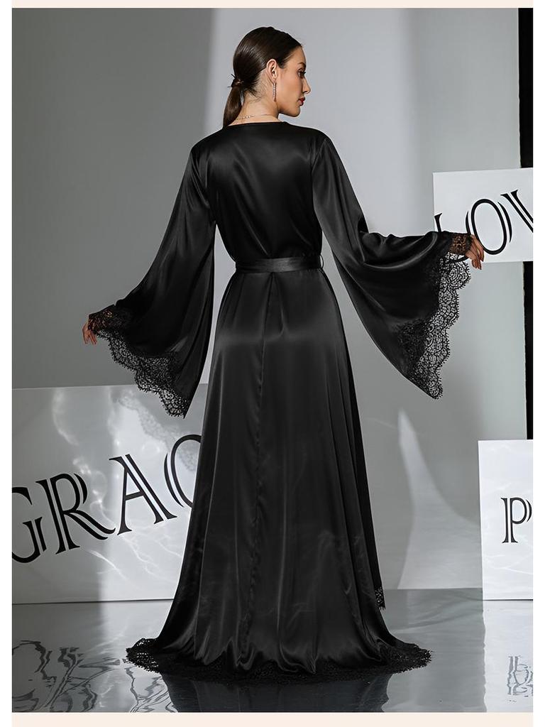 Black & White Satin Morning Robe with Flared Sleeves, Lace Accents, Long Style, Tie Belt, and Train Hem