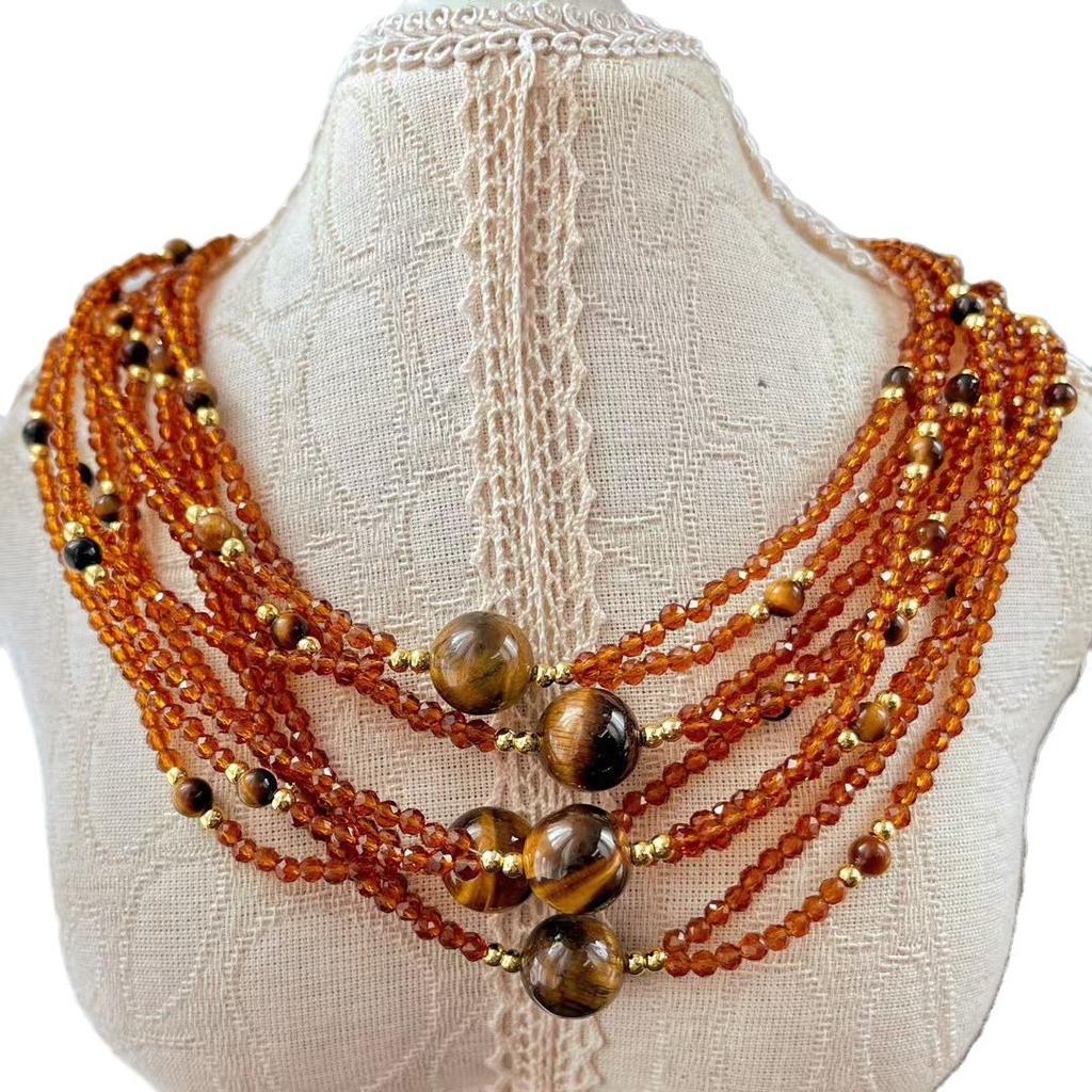 Herbst und Winter Maillard Vintage Natur Tigerauge Künstlicher Fanta Granat Kreuz Schlüsselbeinkette Halskette