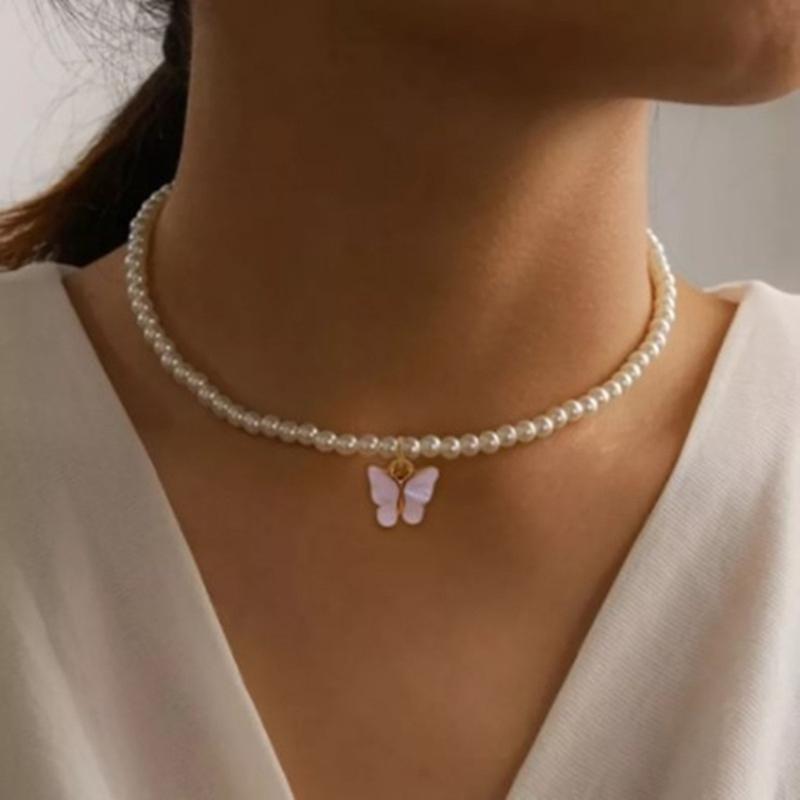 Y2K Pearls Bead Butterfly Pendant Necklace Women Fashion Egirl Punk Grunge Clavicle Chain Fashion Valentines Day Gifts