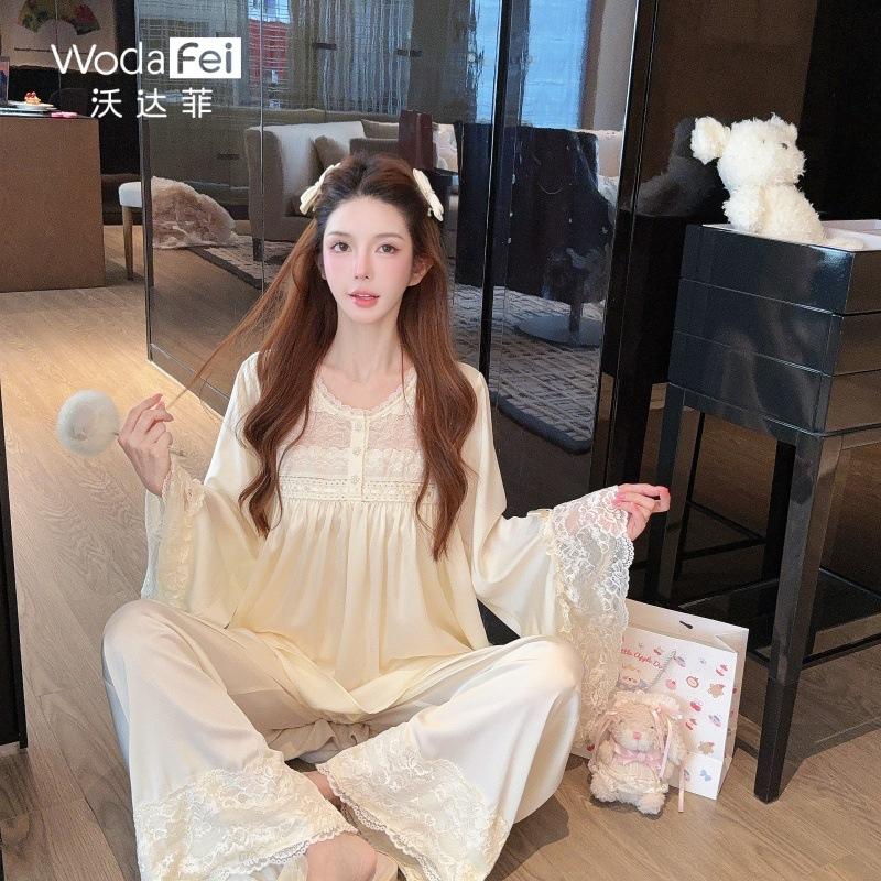 Princess style lace satin pajamas women's spring and autumn new court style doll shirt pajamas horn sleeves thin loungewear