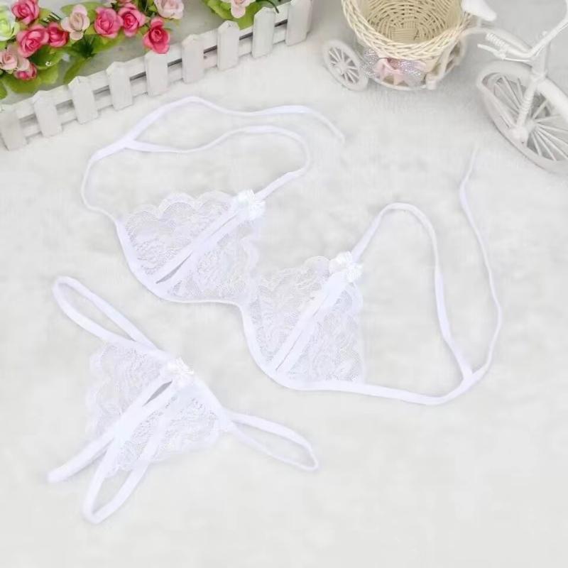 Lady Lace Pajama Sets Sexy Lingerie Sleepwear Tie Band Out Top And Hollow Out Thin Strap G-String Ultra Thin Home Clothes