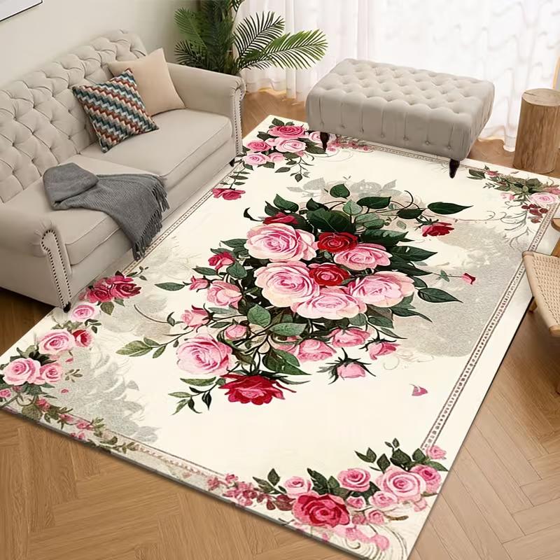 Tappeto Vintage Floreale Rosa Francese Tappeto Romantico con Stampa di Fiori Rosa Tappeto per Soggiorno Tappetino Antiscivolo Morbido per Arredamento Casa per Camera da Letto