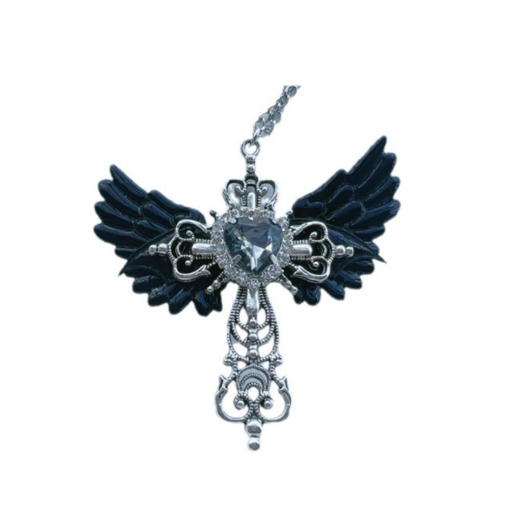 Faux Zirconia Pendant Necklace Gothic Wings Heart Shaped Necklace  Valentine's Day Gift