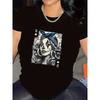 European Size Womens Queen of Hearts Graphic Tee Black White Print Polyester Lightweight Breathable Medium Stretch Stylish Casual Daily Bar Club