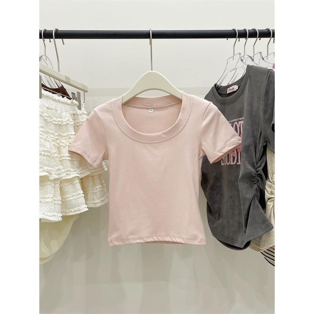Special Korean Casual Versatile Solid Color U-Neck Clavicle Short Top Women's Summer Inner Spice Girls Small Short Sleeve T-Shirt