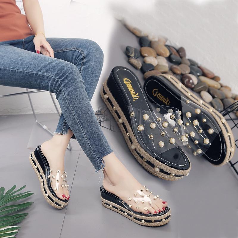 Elegant Women Pearl High-heeled Slippers With Grass Thick-soled Outdoor Sandals