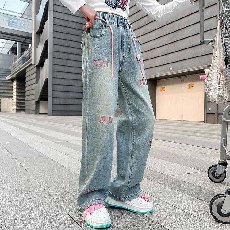 Frühlingshosen für Mädchen, Hosen mit weitem Bein, Hosen mit geradem Bein, große Jeans für Kinder, lockere Hosen im Westernstil, Frühling und Herbst