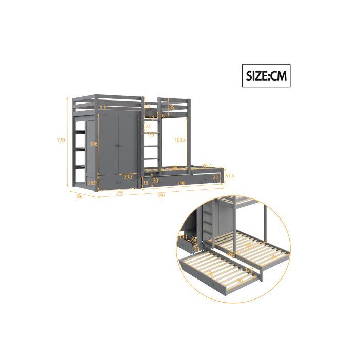 Pat supraetajat din lemn masiv - MUVOE - 90x200 - Pat extensibil - Dulap integrat - Sertare de depozitare