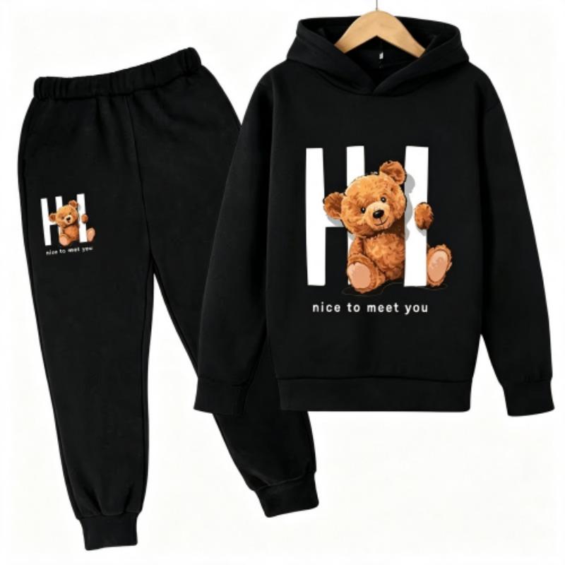 Spring Autumn Fashion Kawaii Anime Cartoon Teddy Bear Print Kids Pullovers Pants 2-piece Set Street Casual Fashion Hoodies Vintage Boy's Girl Clothes