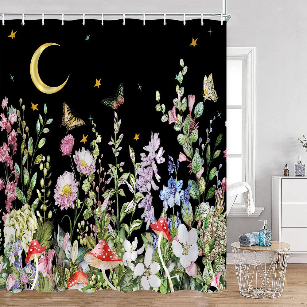 Vintage Mushroom Shower Curtain Astrology Magic Starry Night Flower Frog Mandala Dark Bathroom Curtain Plant Home Decor for Bath