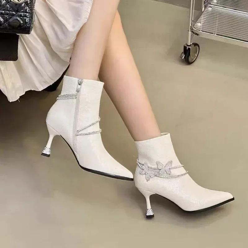 2026 Shoes Female Ankle Women's Boots Elegant Modern Boots Women Crystal Butterfly Pointed Toe Side Zip Thin Heels Shoes Women