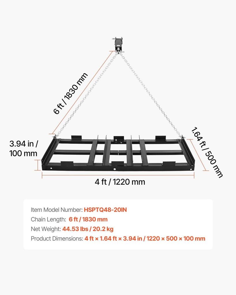 Drag Harrow, 122 X 50 Cm, Tow-Behind Driveway Grader with Adjustable Width & 50lbs Load Capacity, Heavy Duty Lawn Leveling Rake, Galvanized Steel