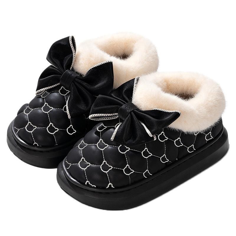 Зимние женские сноубутсы Милые бантики Хлопковые туфли Теплые тапочки Водонепроницаемые Пуховые Короткие Ботильоны до щиколотки 36-37 чёрный