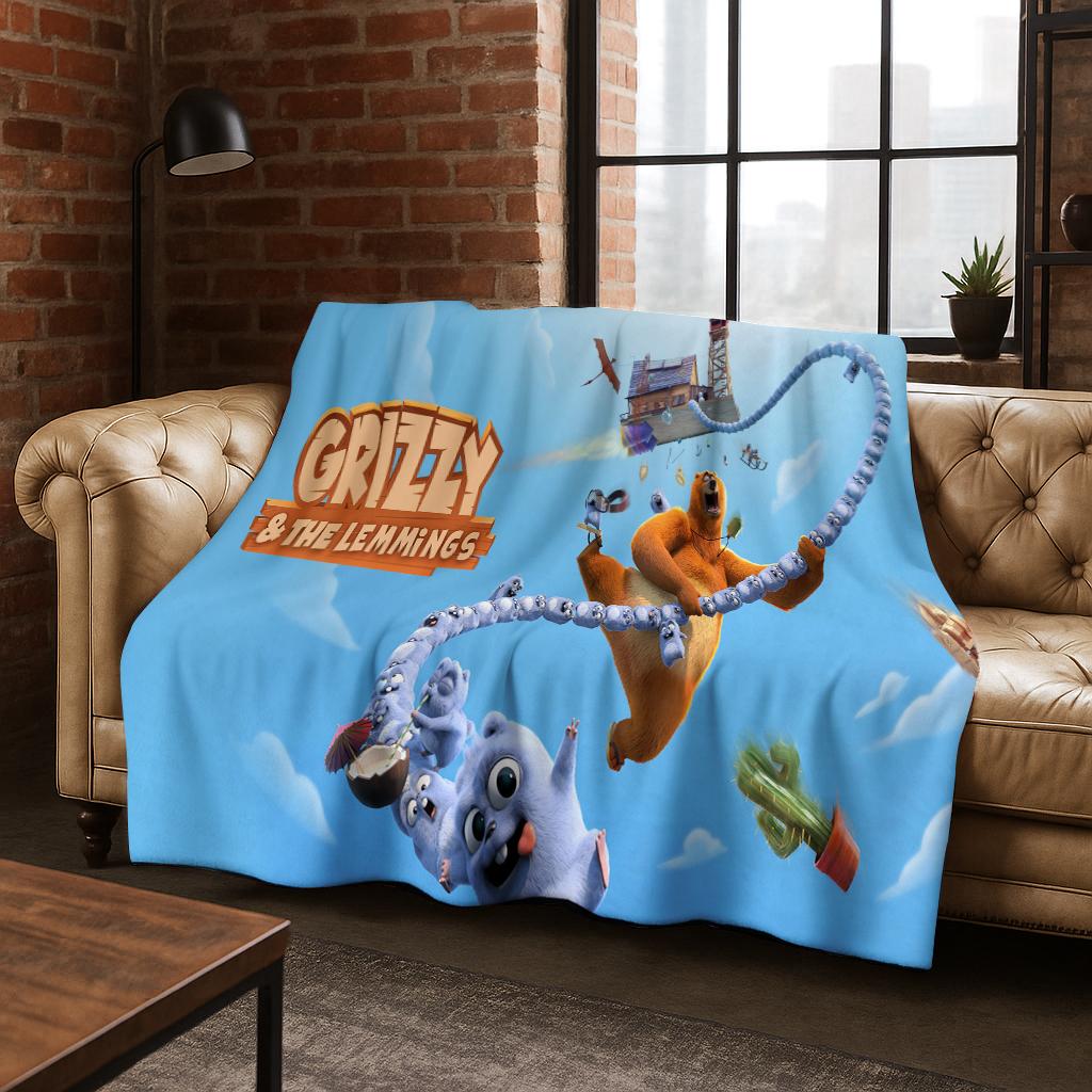 Funny Grizzy and The Lemmings Cartooon Flannel Blanket,Cozy Soft Throw Blanket for Home Bedroom Bed Sofa Picnic Cover Kid Gift