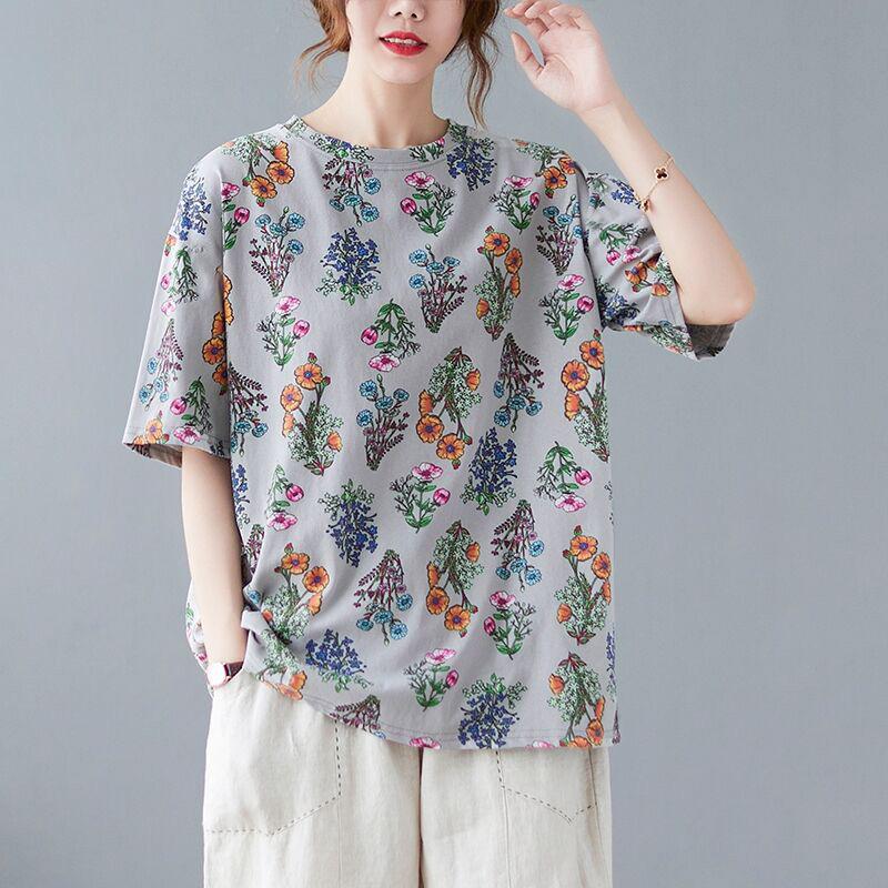 

Футболка с короткими рукавами с цветочным принтом, женская, больших размеров, женская, весенне-летняя, нижняя рубашка, повседневная, литературная, свободная XS