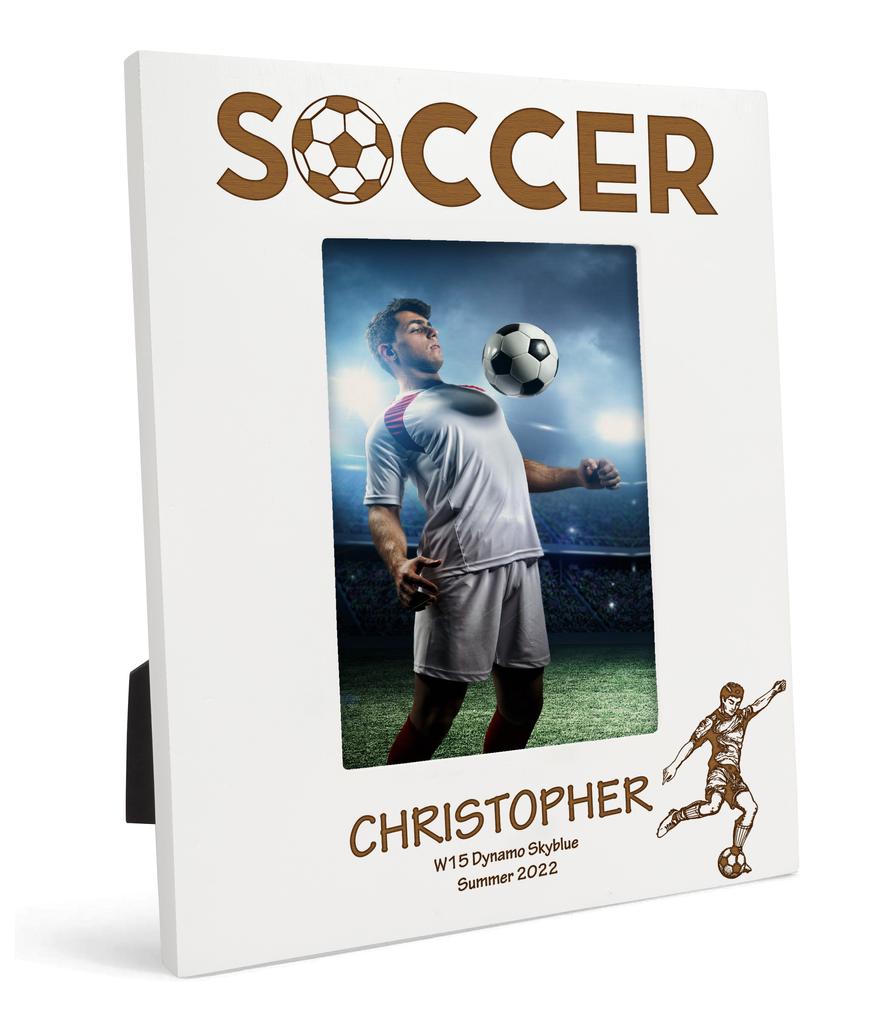 Darling Souvenir MADE WITH LOVE Personalized Wood Engraved Picture Frame, Table Top White Photo Frame (Soccer)