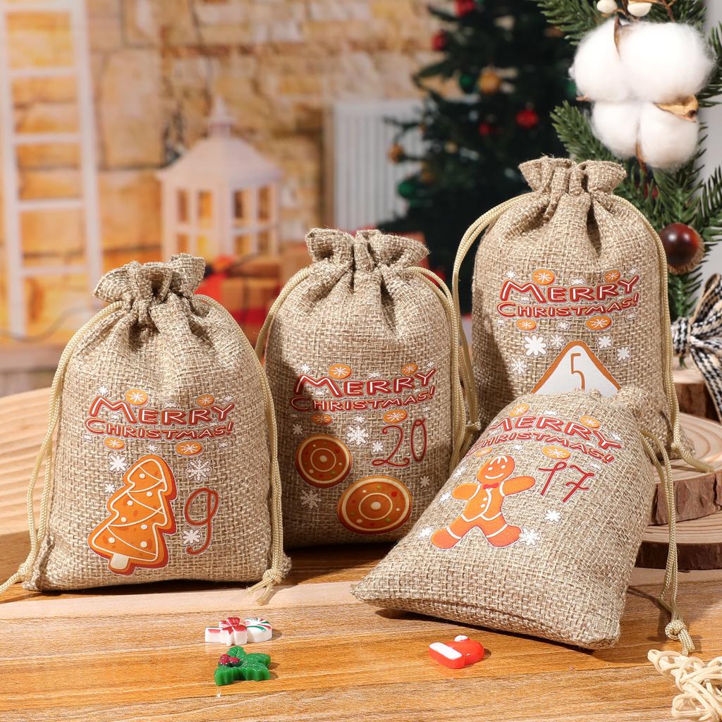 Conjunto de 24 Sacos de Presente de Natal 24 Calendário de Chegada Saco de Cordão de Doces de Natal Saco de Cordão de Linho de Natal