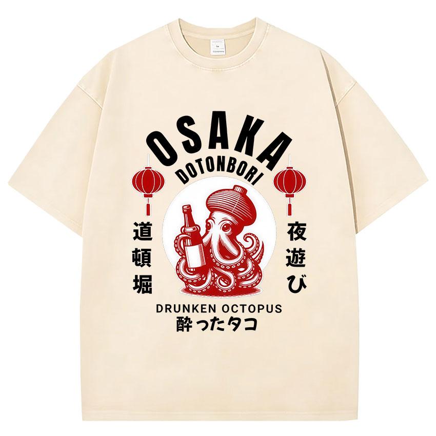 Divertente Osaka Dotonbori Polpo Ubriaco Giapponese Retrò Lavata Maglietta Unisex Donna Abbigliamento Umoristico Moda Cotone Manica Corta T-shirt