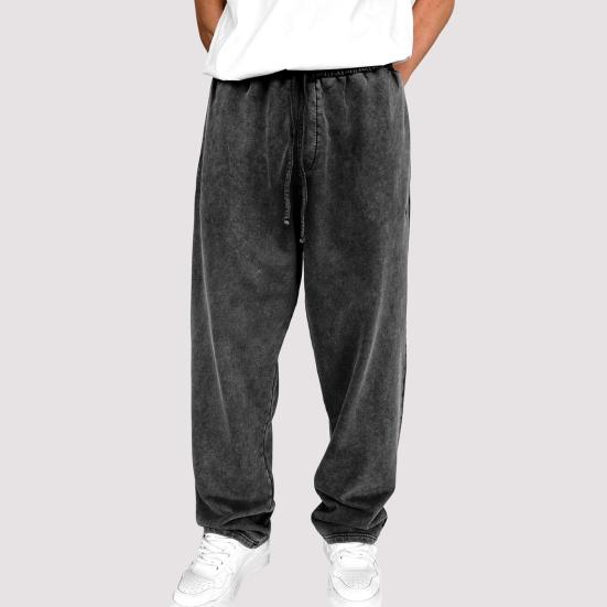 Yousheng Men Sport Pants Wide Leg Drawstring Elastic Waist Pure Color Sweatpants Full Length Loose with Pockets Long Trousers