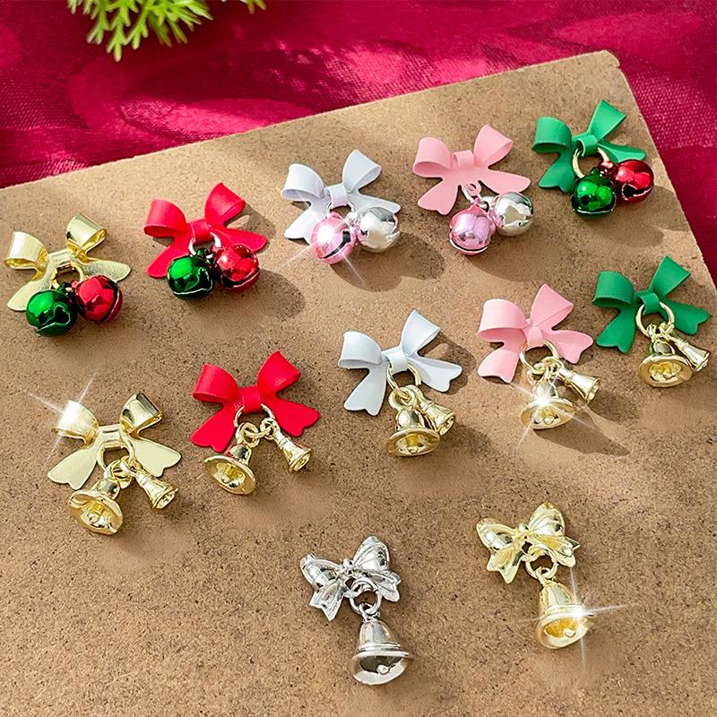 3Pcs Festive Christmas Bell Colorful Bowknot Nail Art Charms New Year Luxury Crystal Aurora Bell Pendant Nail Decoration Parts
