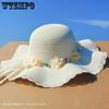 Women Wide Brim Straw Sun Hat Chiffon Floral Decor Long Lace Ribbon Foldable Beach Hat Lightweight Breathable UV Protection Summer Cap