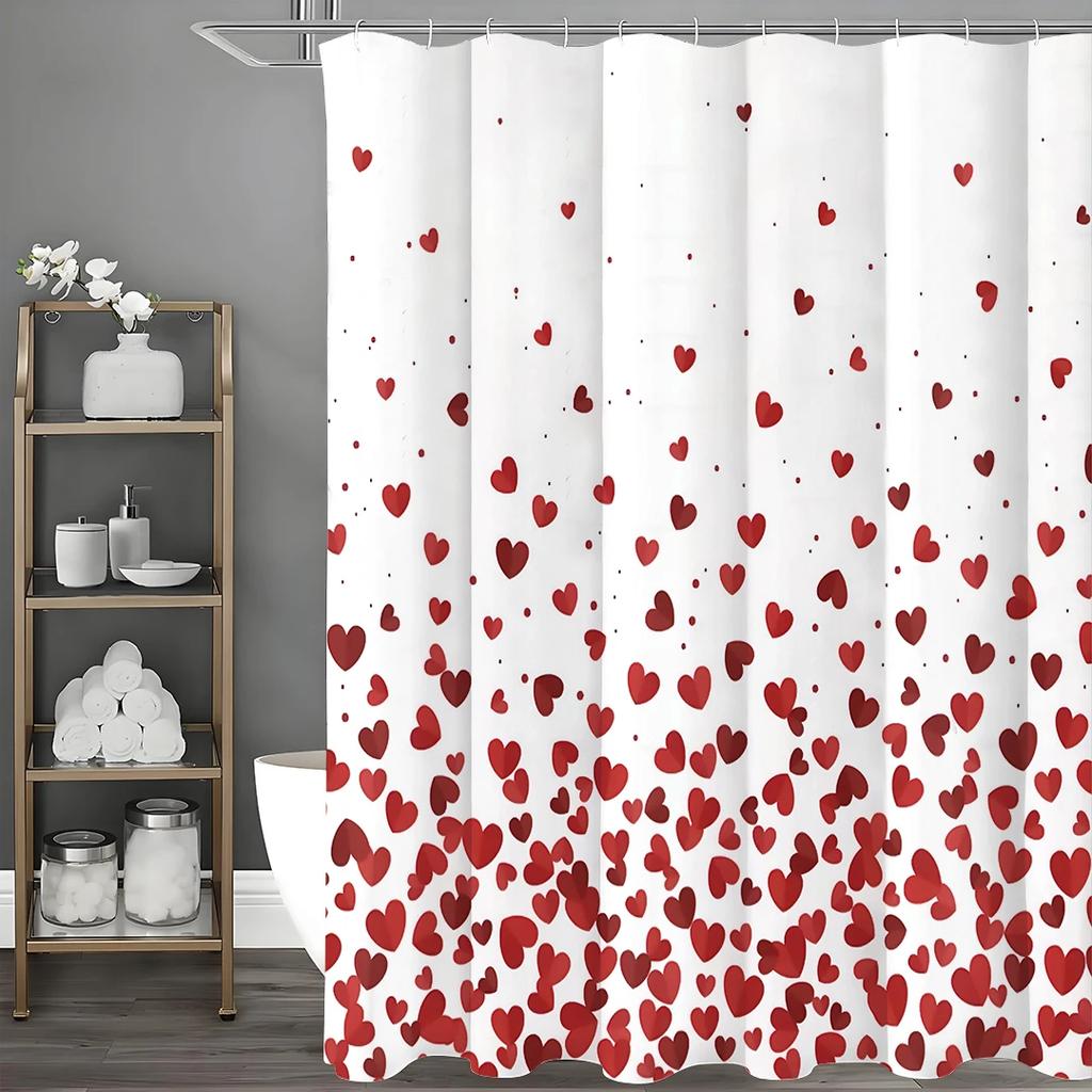 Valentine's Day Red Heart Pattern Shower Curtain, Bathroom Decorative Shower Curtain, Waterproof Shower Curtain with Hooks