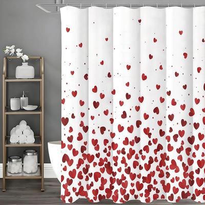 Valentine's Day Red Heart Pattern Shower Curtain, Bathroom Decorative Shower Curtain, Waterproof Shower Curtain with Hooks