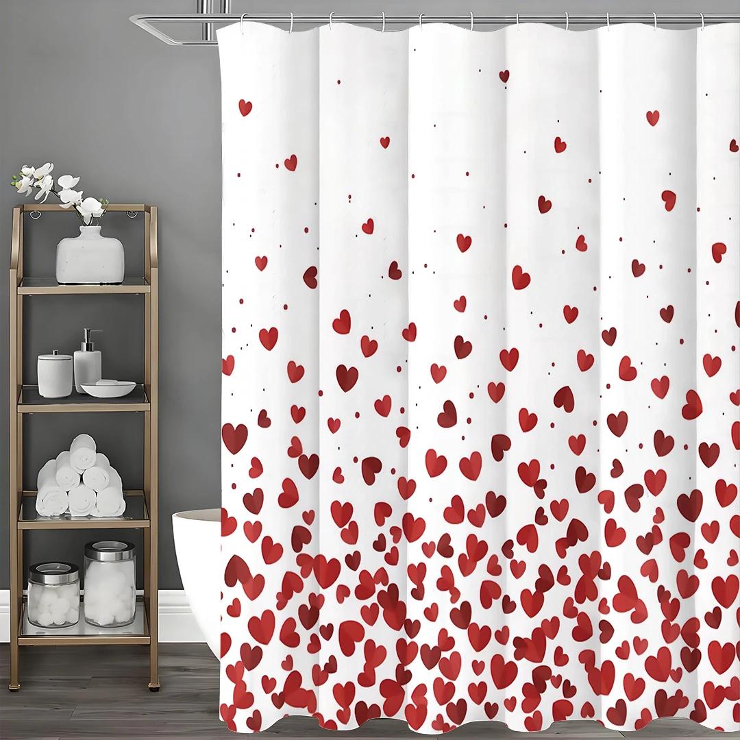 Valentine s Day Red Heart Pattern Shower Curtain, Bathroom Decorative Shower Curtain, Waterproof Shower Curtain with Hooks W90xH180cm
