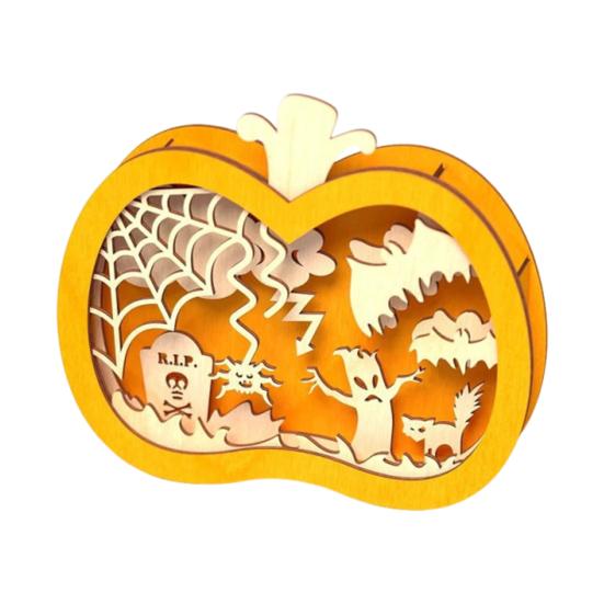 Yousheng Halloween Wooden Lighted Pumpkin for Tabletop, Spooky Pumpkin Lantern Shadow Box for Halloween Party, Dinning, Coffee Table Decoration